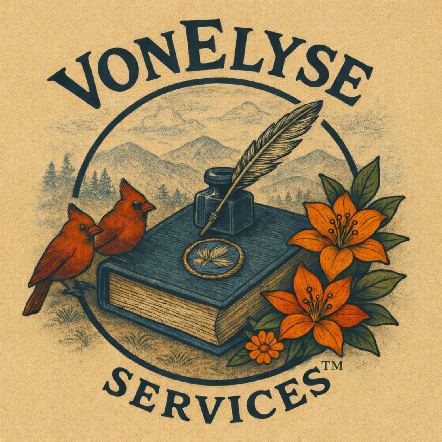 VonElyse Services logo with cardinals, lilies, a book, and quill